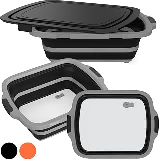 2-Pack XL Collapsible BBQ Prep Tub with Locking Clips, Built-In Cutting Board, Lid & Strainer – Marinate, Drain & Prep – Large Food-Safe Container – Perfect for Grilling & Smoking
