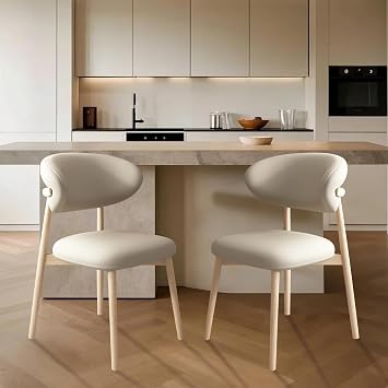 Upholstered Dining Chairs Set of 2,Mid Century Modern Kitchen Chairs with Back and Wood Frame,Faux Leather Dinner Chairs Light Khaki + Original Wood Legs, Set of 2