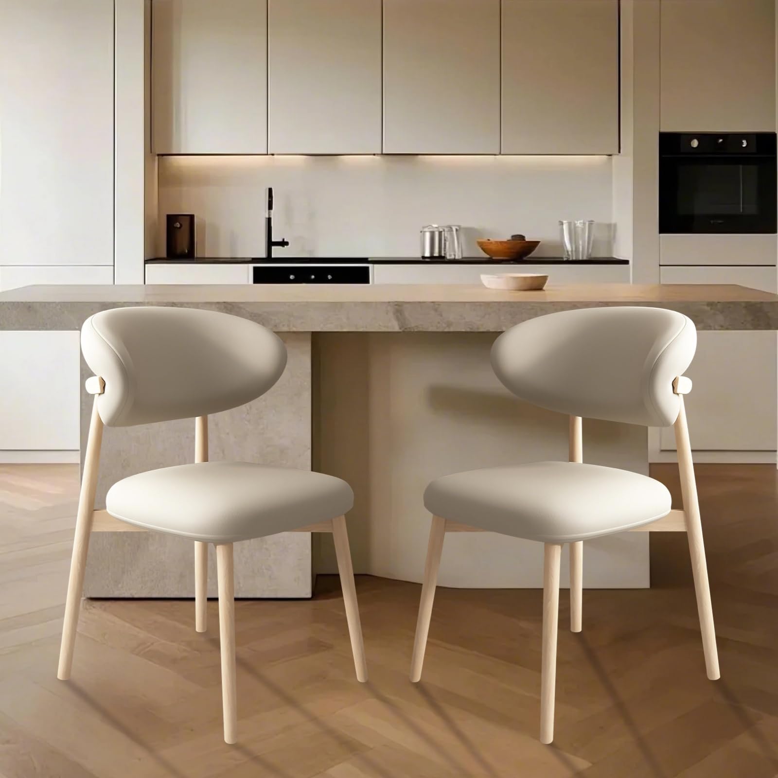 Aobalvn Upholstered Dining Chairs Set of 2,Mid Century Modern Kitchen Chairs with Back and Wood Frame,Faux Leather Dinner Chairs (Light Khaki +