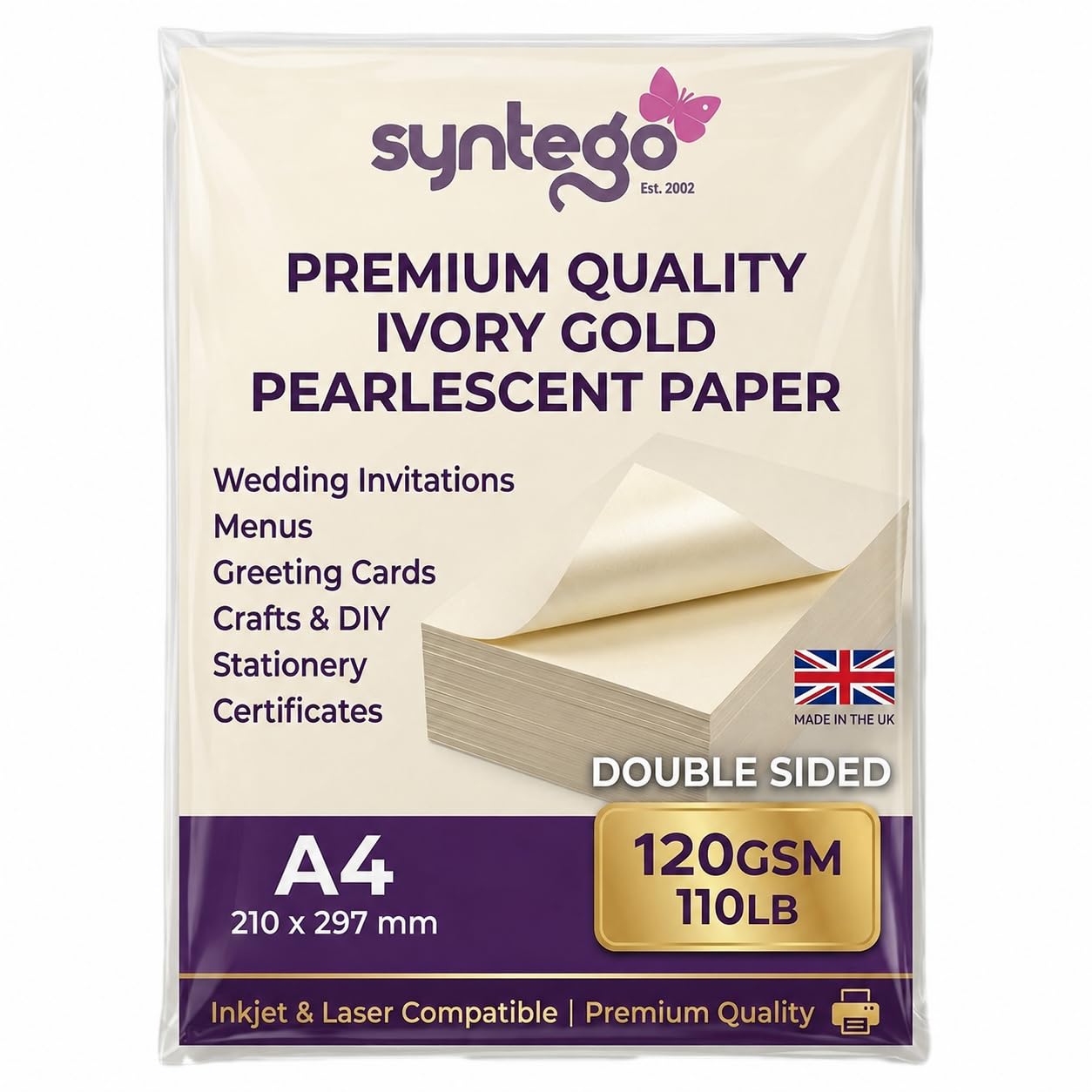 Syntego Ice Gold A4 120gsm Double Sided Pearlescent Paper Suitable for Inkjet and Laser Printers (10) — image 1