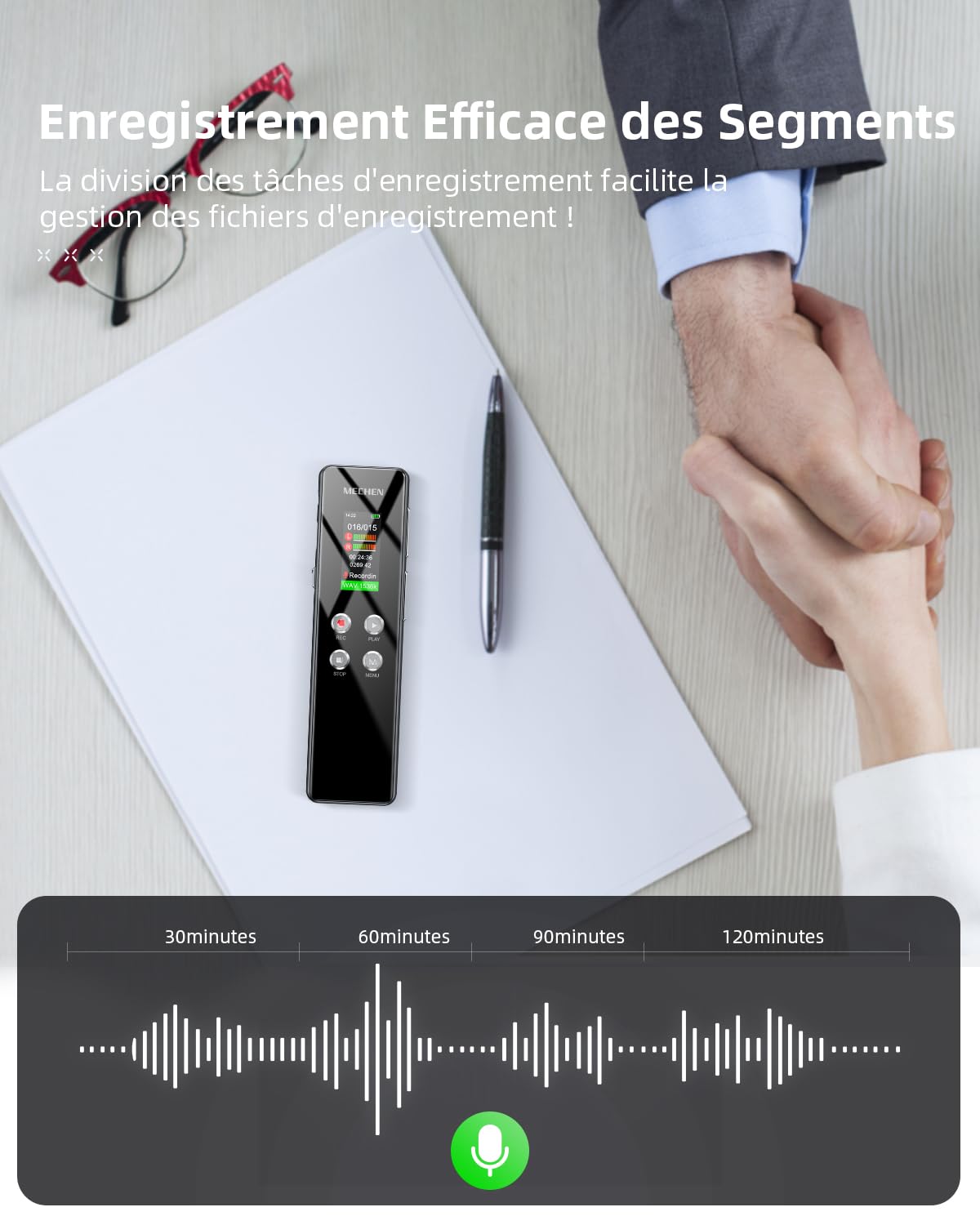 MECHEN V01 Dictaphone 128 Go enregistreur vocal VOX réduction bruit 300 mAh