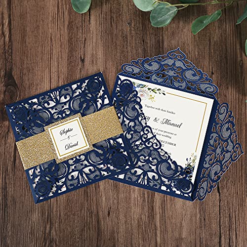 DreamBuilt 6.3 X 6.3 Inch 50PCS Blank Navy Blue Laser Cut Wedding Invitations With Envelopes Kit And Gold Glitter Belly Band Wedding Invitation Cards For Wedding invite - Thumbnail 6