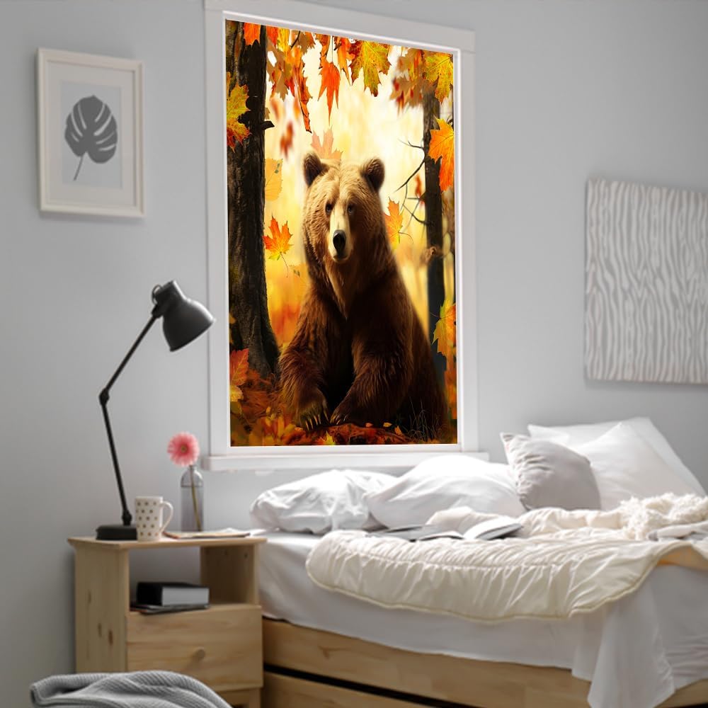 Rustic Watercolor Wildlife Brown Bear Window Privacy Film,Cabin Fall Forest Animal Bear Maple Leaves Self Adhesive Window Stickers-23.6W x35.4L in x1Pcs