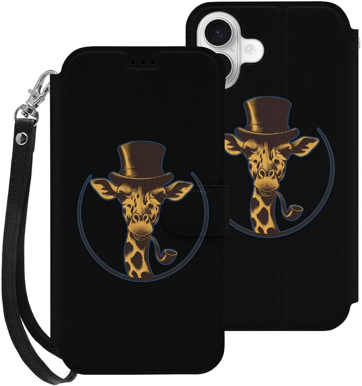 Bowler Hat Giraffe Compatible with iPhone 16/16 Plus/16 Pro/16 Pro Max/16 E Case Phone Wallet Card Holder Flip Cover with Wrist Strap