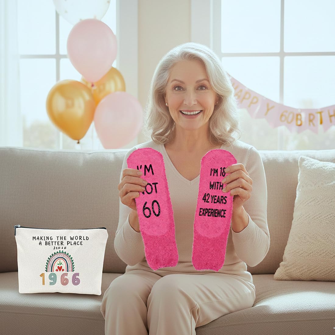 2 Pcs Beauty Case Perfetto Per Il 60º Compleanno, Ideale Come Regalo, Regali di Compleanno per Donne, tra Cui Borsa per il Trucco e Calzini di Compleanno Ideali per Donne (1966-60 anni)