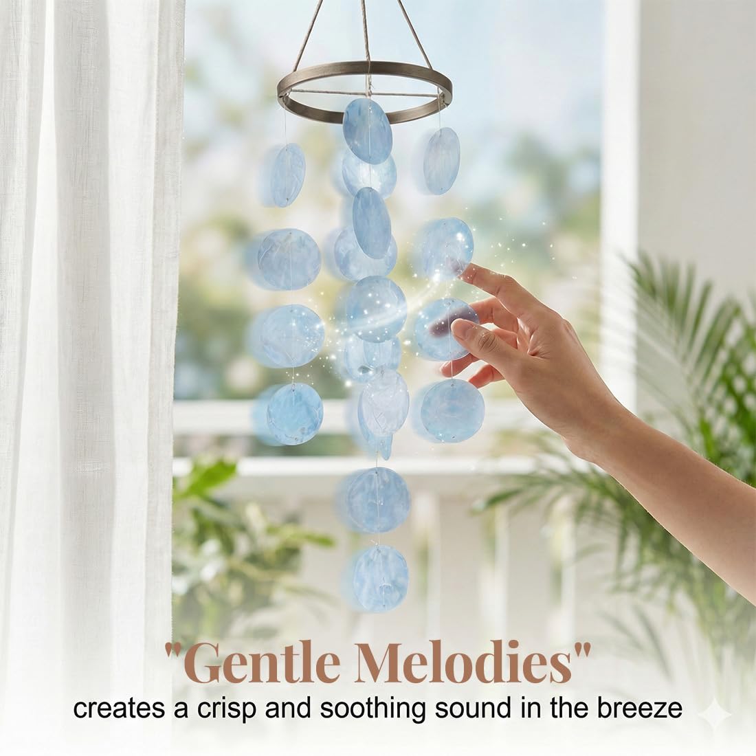 Conchiglia decorativa boho lunga 43 cm, ghirlanda acchiappasogni blu, campanellino eolico, ciondolo conchiglie Capiz retrò (blu).