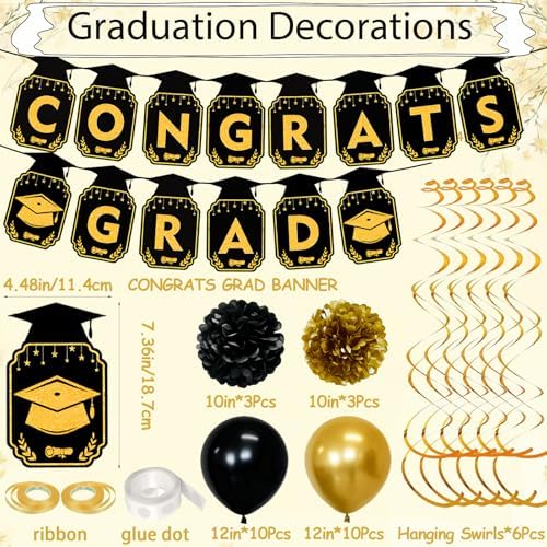 Congrats Grad Banner for Graduation Decorations 2026, Congratulations Banner, Black and Gold Balloons for Grad Decorations with Paper Flowers, Hanging Swirls — view 4