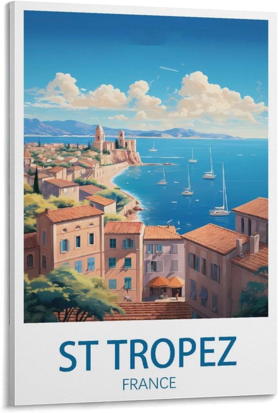 GuYaNa St Tropez France Vintage Travel Poster Landscape 12x18inch(30x45cm) Canvas Wall Art Print Painting for Wall Decor Living Room Bedroom, Frame-style
