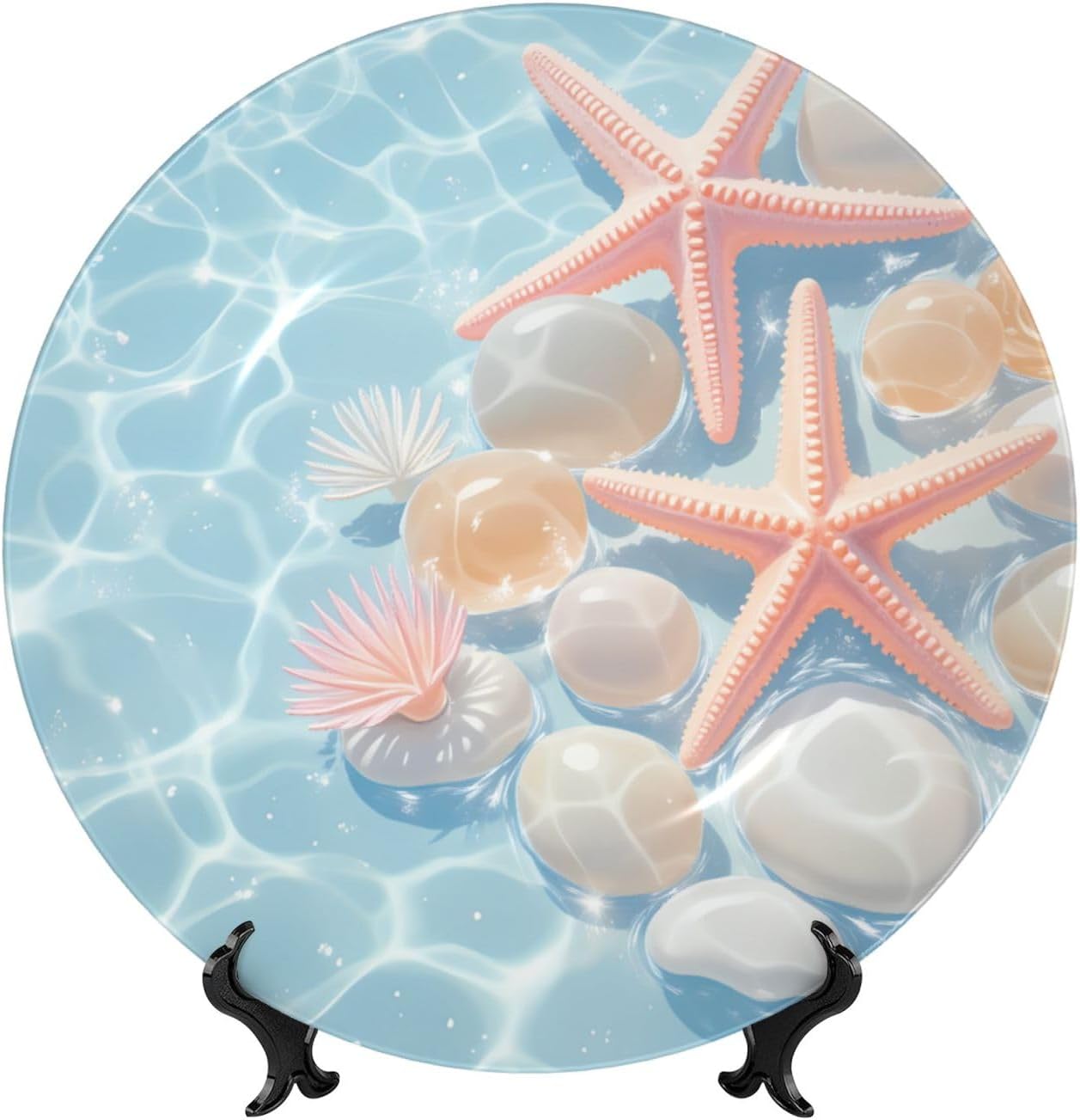 Seashells In Sunlit Water Style Ceramic Plate Display Decorative Plate With Stand Wall Hanging Plate For Home Decor 10 Inch