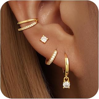 4 Pairs 14k Gold Hoop Plated Earrings Set for Women - Huggie Dangle Stack - Trendy Multiple Piercing Stud CZ Ear Cuff - Non Tarnish Jewelry