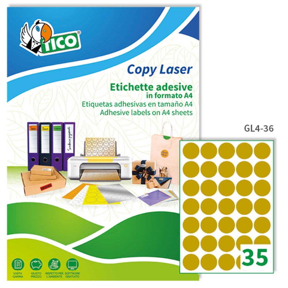 Tico GL4-36. Caja de 3500 etiquetas adhesivas en papel oro redondas, 36mm en A4