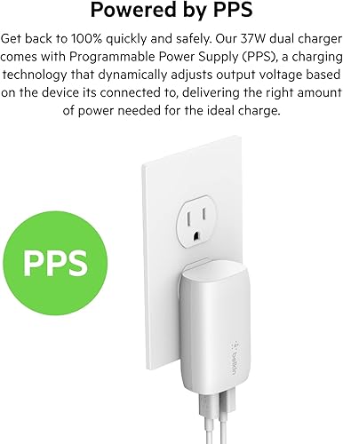 Miniatura 3 de Belkin Bloque de carga USB C de 37 W - Puerto USB-C de 25 W + puerto USB-A de 12 W para carga PPS Apple iPhone 17, Air, Pro, Pro Max, AirPods,