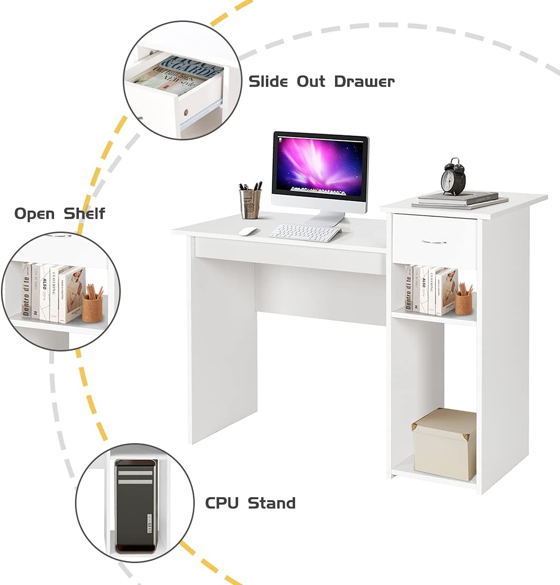 GRAFFY Computer Desk, Small Desk Table w/Drawer&Open Shelves, Wooden Teenager Desk for Bedroom, Study, Office (White)