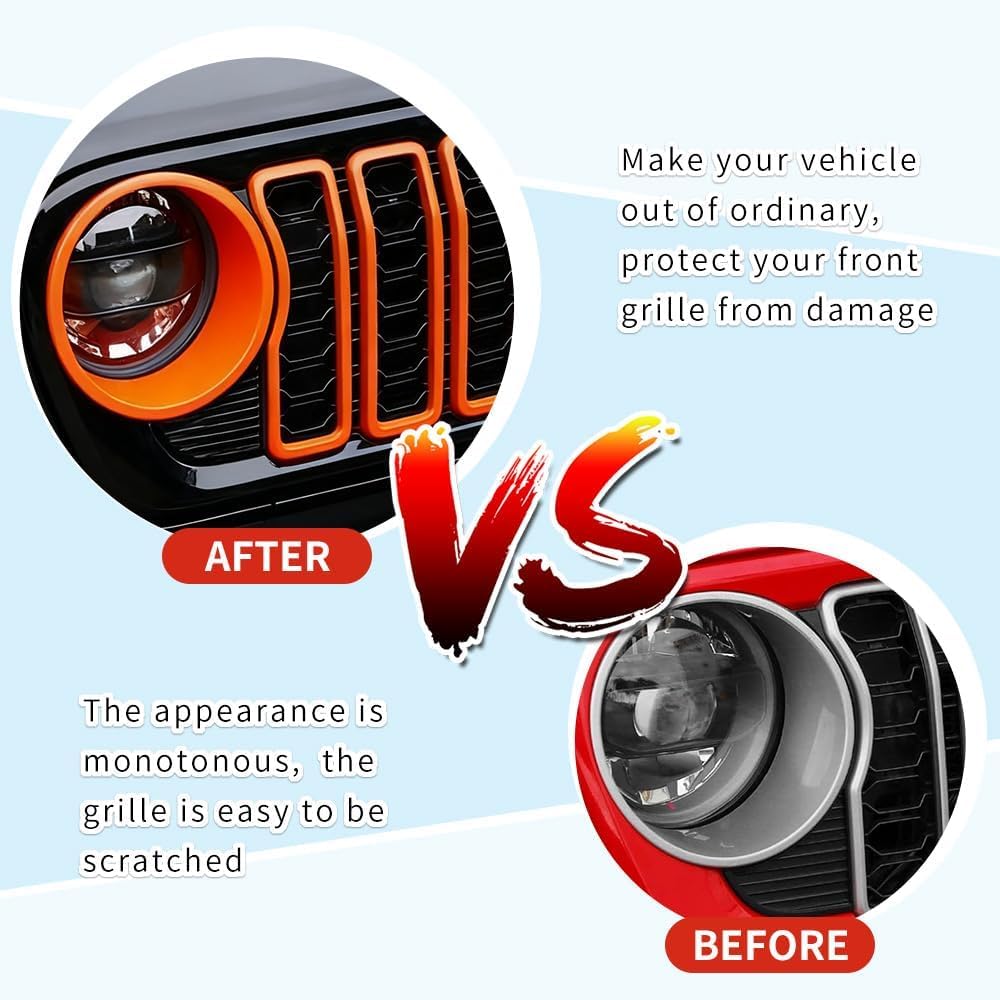 9PCS Front Grille Inserts & Headlight Cover Compatible with (2024-2026) Jeep Wrangler JL/Gladiator JT, Not For Sport, Sport S and Mojave (Orange, 2024+ JL/JT)