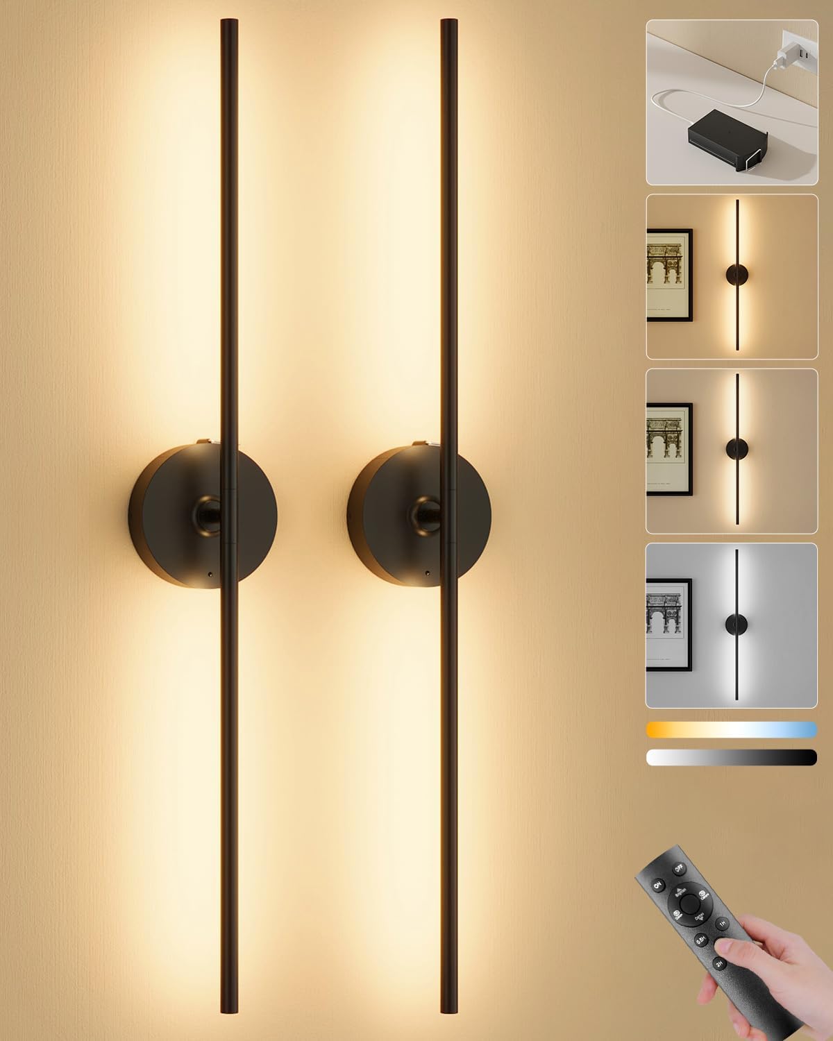 Ouyulong Battery Operated Wall Sconces Set of 2, 8000mAh Wireless Rechargeable 3000-6000K Dimmable 350° Rotate Wall Light with Remote for Living Room, Bedroom 31.6in Black