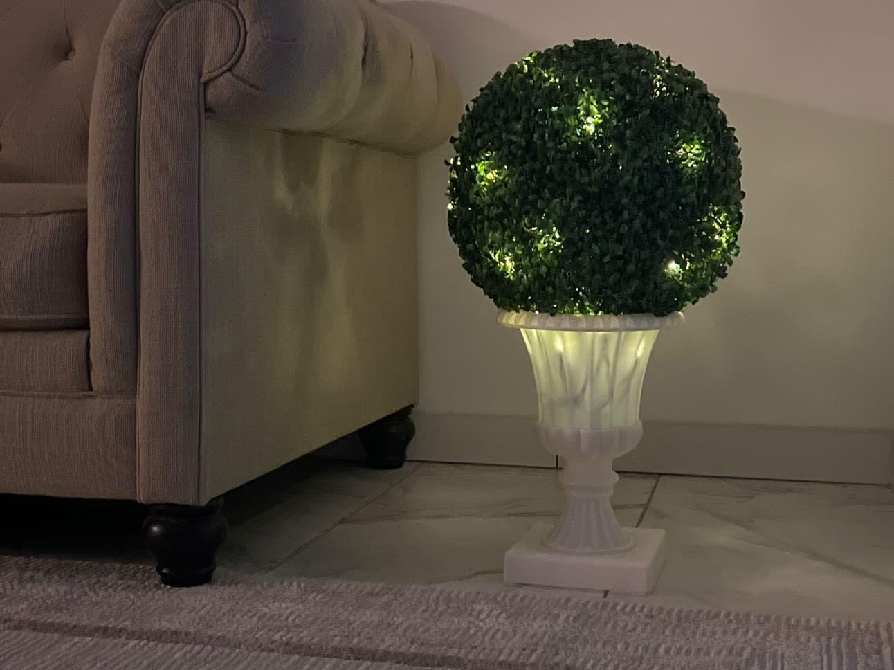 CABIHOME 2 Pack Artificial Topiary Ball Boxwood Trees, Outdoor Indoor Artificial Shrubs with Sturdy Pot Base, Battery Operated and UV Resistant Fake Bushes for Front Porch Garden Backyard, White Base