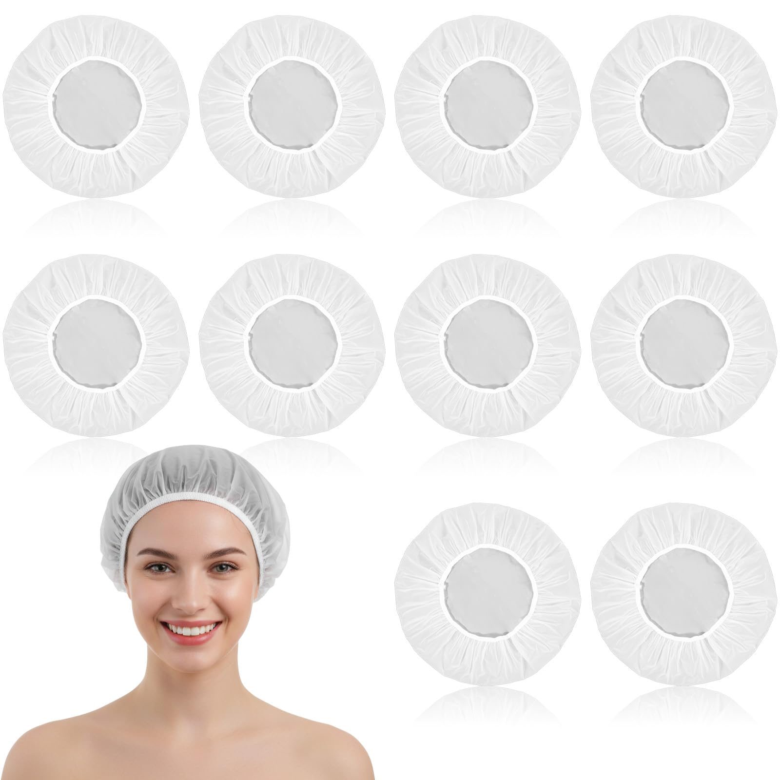Photo 1 of 10Pcs White Shower Caps, Travel Shower Cap, Reusable Women Plastic Caps for Hair Treatment,Care Cap for Bathing, Travel Essentials Washable Hair Cover Environmental Protection Hat White for Men Women