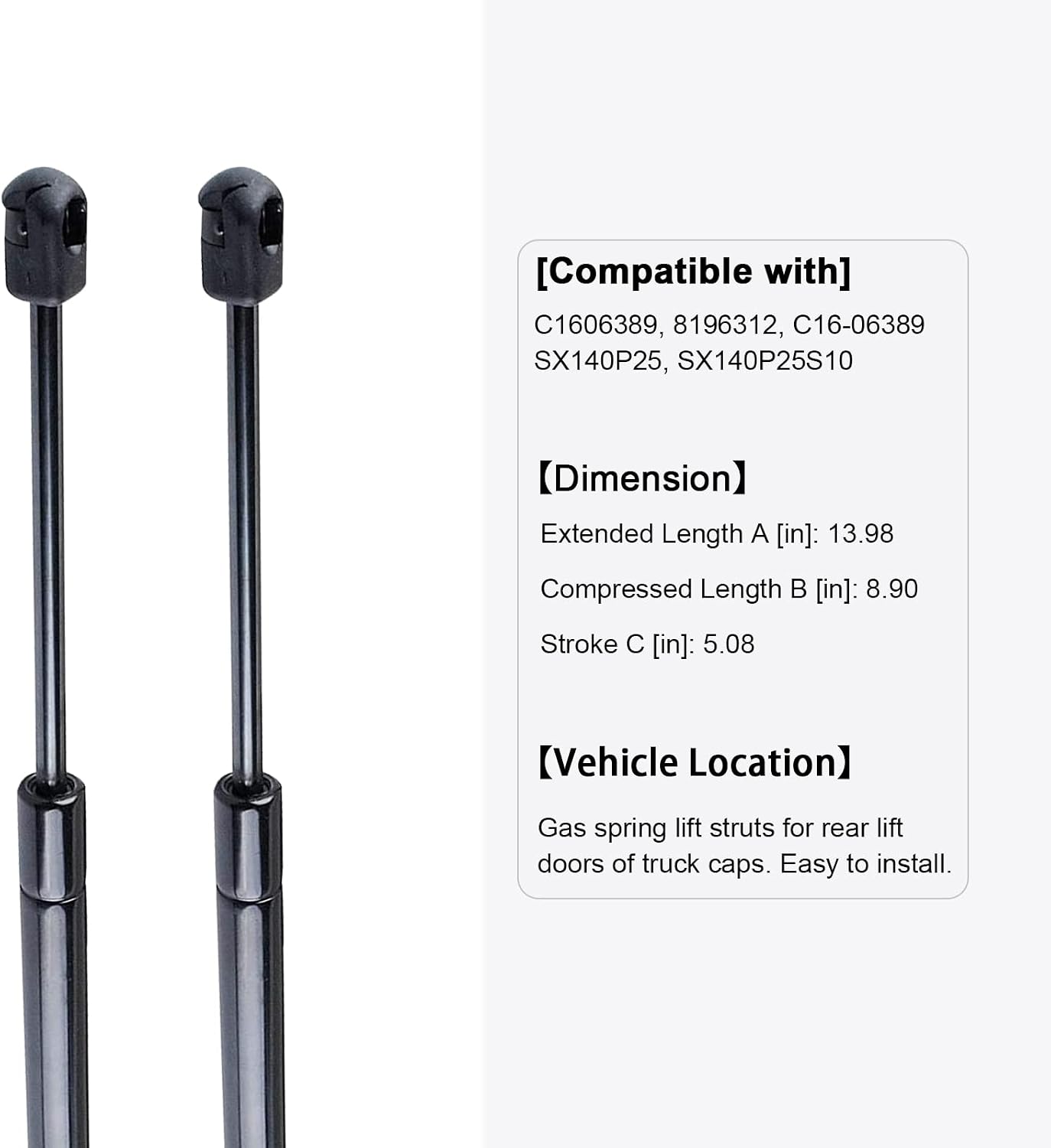 C1606389 Truck Camper Shell Struts 14" 107N/24Lbs, Gas Spring Lift Supports Shocks for Topper Rear Window (2 Pack)