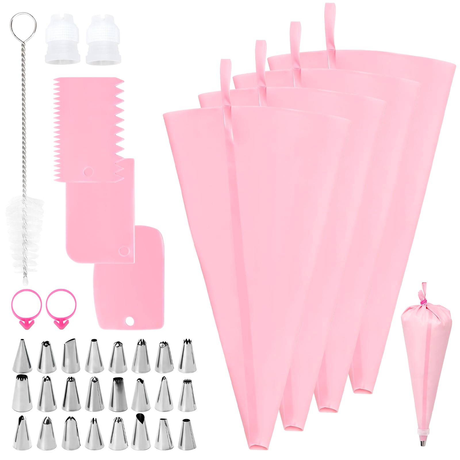 Piping Bags and Nozzles Set, 36 PCS Icing Piping Kit, 4 Reusable Silicone Pastry Bags, 24 Stainless Steel Nozzles, Cake Scrapers, Couplers, Bag Ties and Cleaning Brush for Cake Decorating