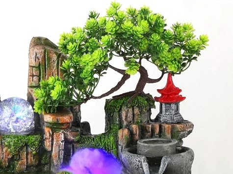 Indoor Desktop Relaxation Waterfall Small Artificial Bonsai Mini Rock Fountain with LED Lights & Atomizer,Illuminated Waterfall for Home Office Bedroom Desk Decor (Style 2)