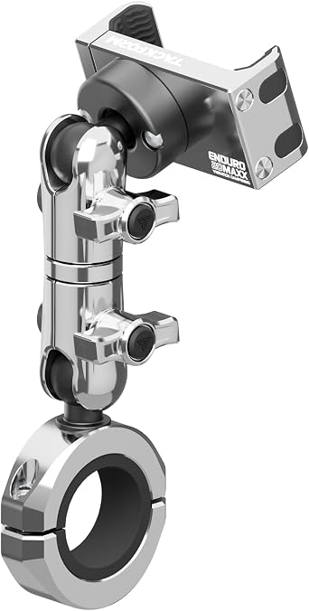 Tackform Chrome Motorcycle All Metal Phone Mount - Vibration Dampening 20MAXX Spring Cradle | 3.5" Long Reach Arm | Universal Clamp Fits 1-1/4" to 1-1/2" Bars | Compatible with iPhones, Galaxy, More
