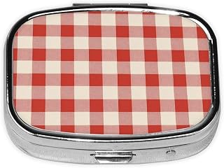 Red Checker Fabric Pattern Squares Boho Pill Box Square Metal Pill Case with 2 Compartment Travel Pill Organizer for Vitamins Medication