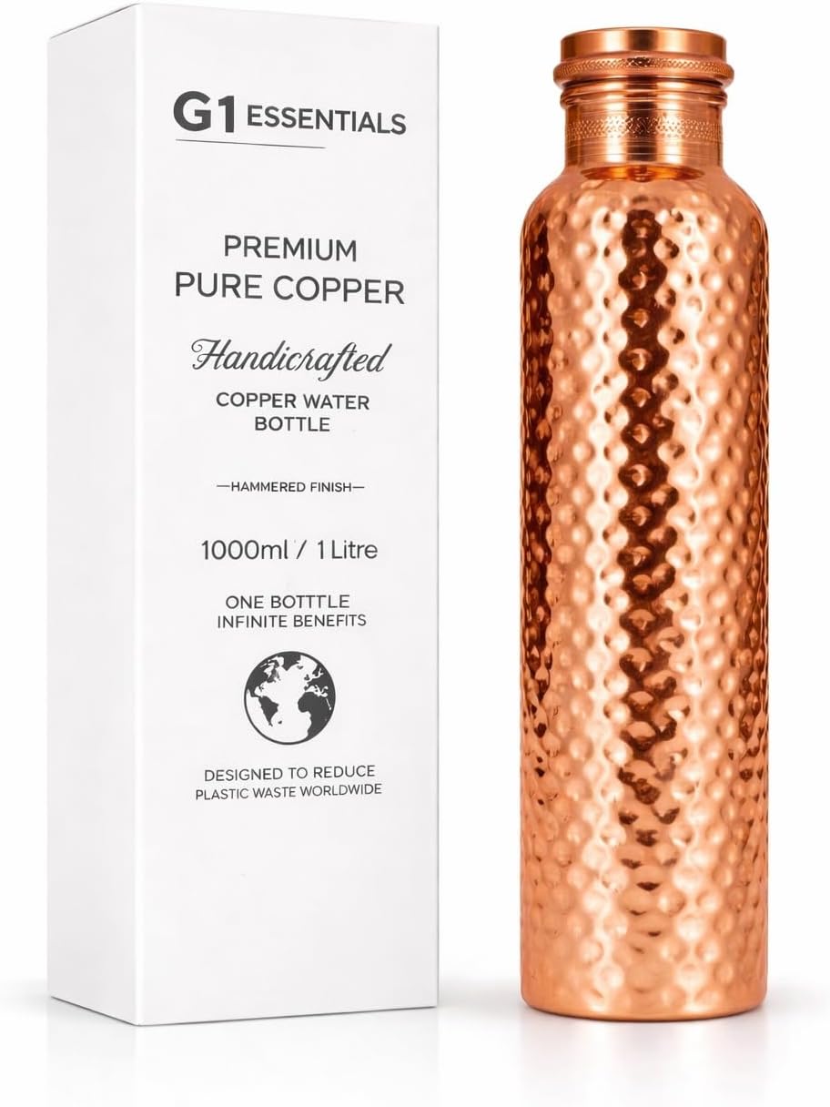 Pure Copper Water Bottle 34 oz, Hammered Drinking Water Bottle, Reusable Ayurvedic Style Bottle for Home Gym Yoga Travel