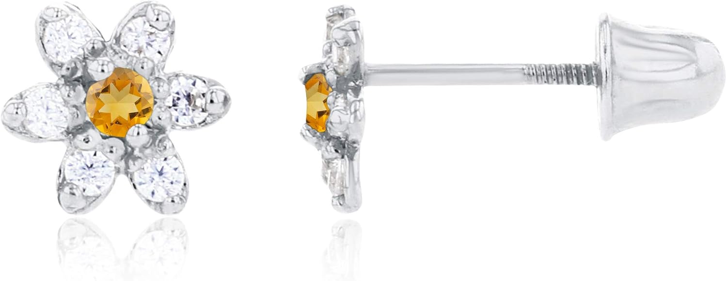 Solid 14K Gold 5mm Flower Natural Birthstone Screwback Earrings For Women | 1.50mm Birthstone | 1mm Round Pave Created White Sapphire Gemstone Flower Screwback Earrings For Women