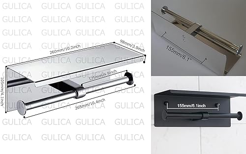 Miniatura 2 de GULICA Soporte para rollo de papel higiénico con estante para teléfono, soporte de papel de acero inoxidable, papel higiénico doble montado en la