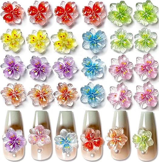 50pcs 3D Flowers for Nails Ice Translucent Flower Nail Charms Luminous Flower Nail Art Charms Colorful Cherry Blossom Resin Charms for Nails Design