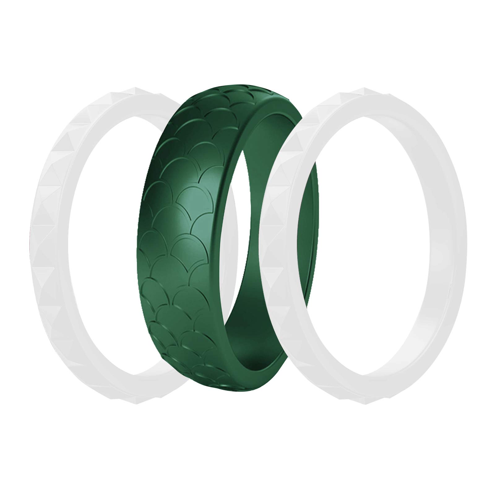 Women Silicone Wedding Ring Soft Thin Scaly Stackable Silicone Rings Wedding Sports Bands (3pcs, May-Emerald, 9#)