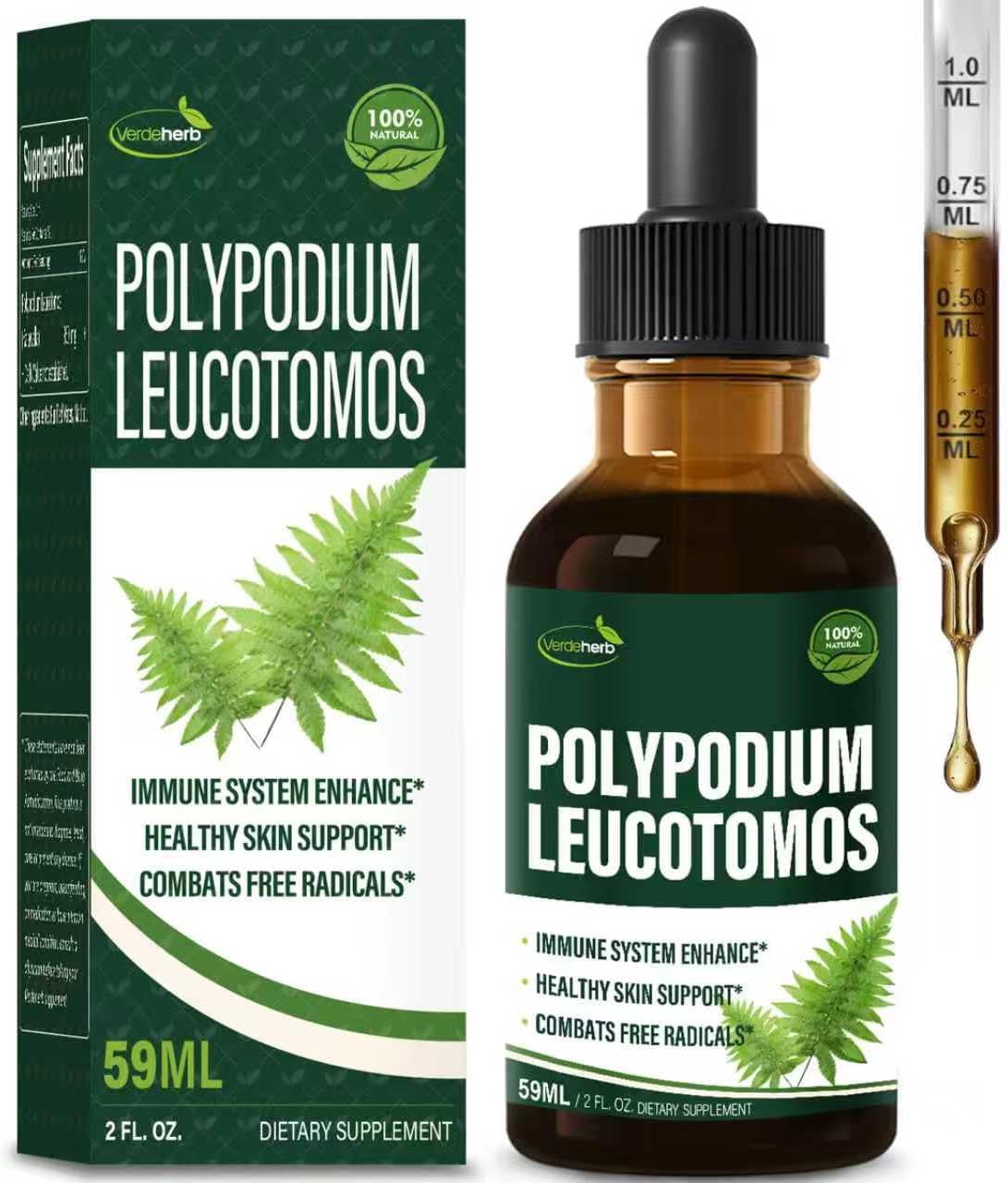 Polypodium leucotomos Immune Support Drops, Herbal Extract Immunity Boost Supplement for Skin Health. Calaguala para Proteger la Piel. 2oz