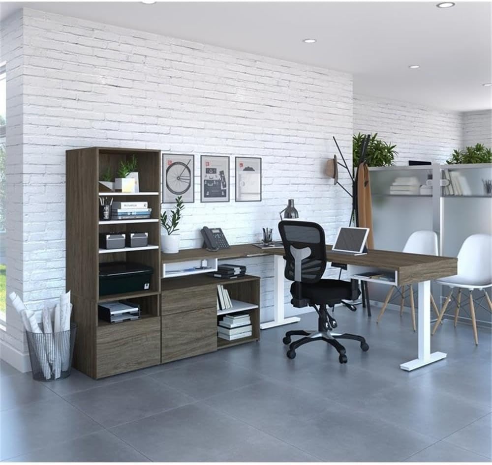 Pemberly Row 72" L-Shaped Standing Desk Set with Credenza and Bookcase, Walnut Gray Finish, Adjustable Height, Reversible Configuration, Durable Particle Board for Home Office Workspace Setup