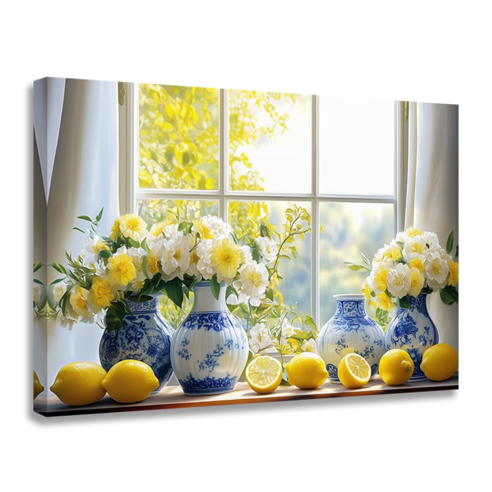 ZQQART Lemon Picture for Wall Kitchen Decor Citrus Fruit Canvas Prints Yellow Lemon and Flower Painting Wall Art Framed for Dining Room Decor(Orange,12L x 18W)