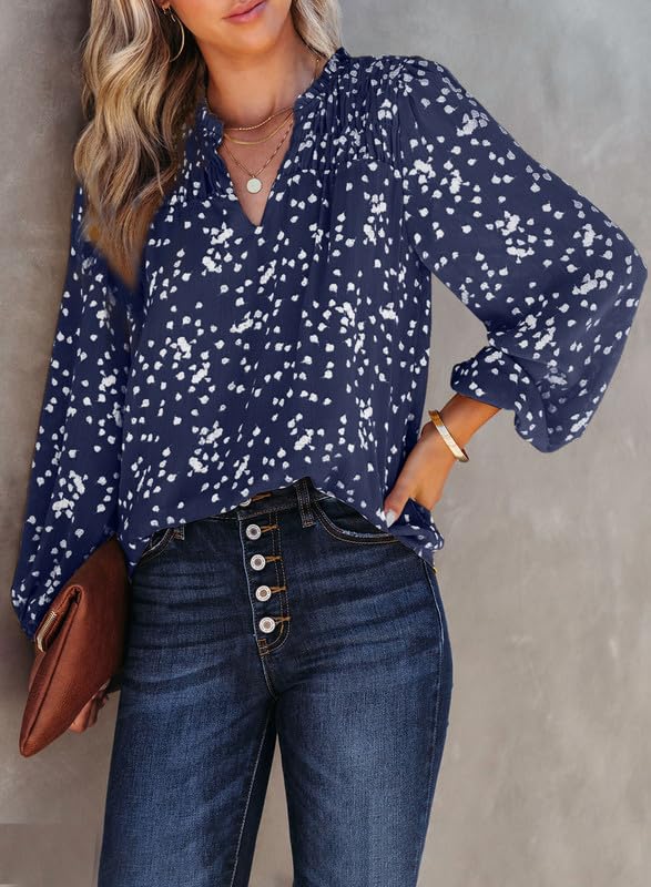 Dokotoo Women's Casual V Neck Alicia Floral Print Smocked Long Sleeve Chiffon Blouses Bohemian Top Shirts - Image 3