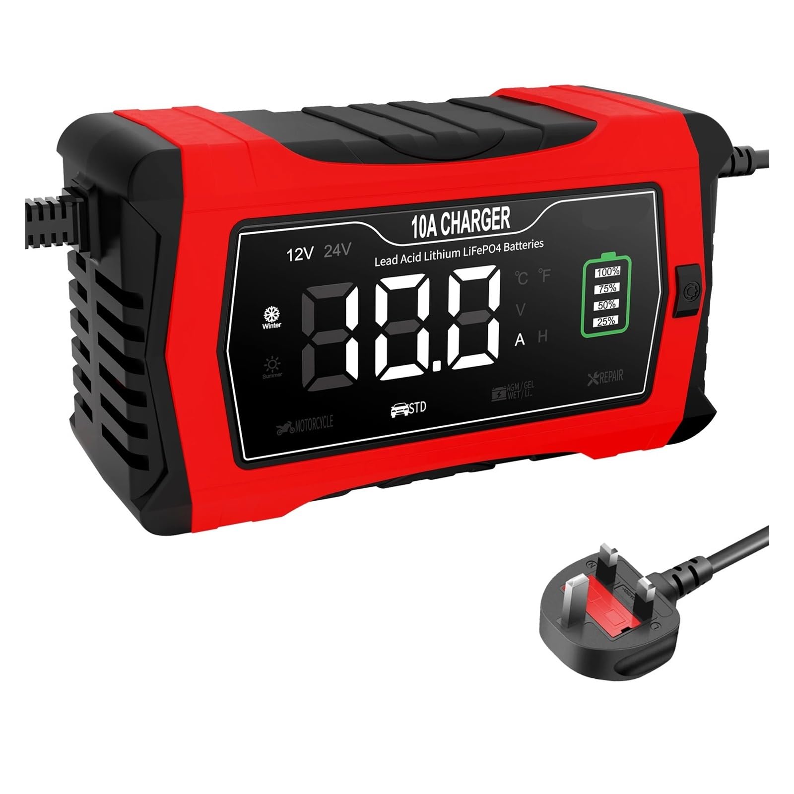 Cargador De Batería De Coche De Reparación Inteligente Universal De 12V 24V 10A, Cargador De Reparación For Batería De Plomo Ácido AGM GEL LiFePO4(10A UK Plug)