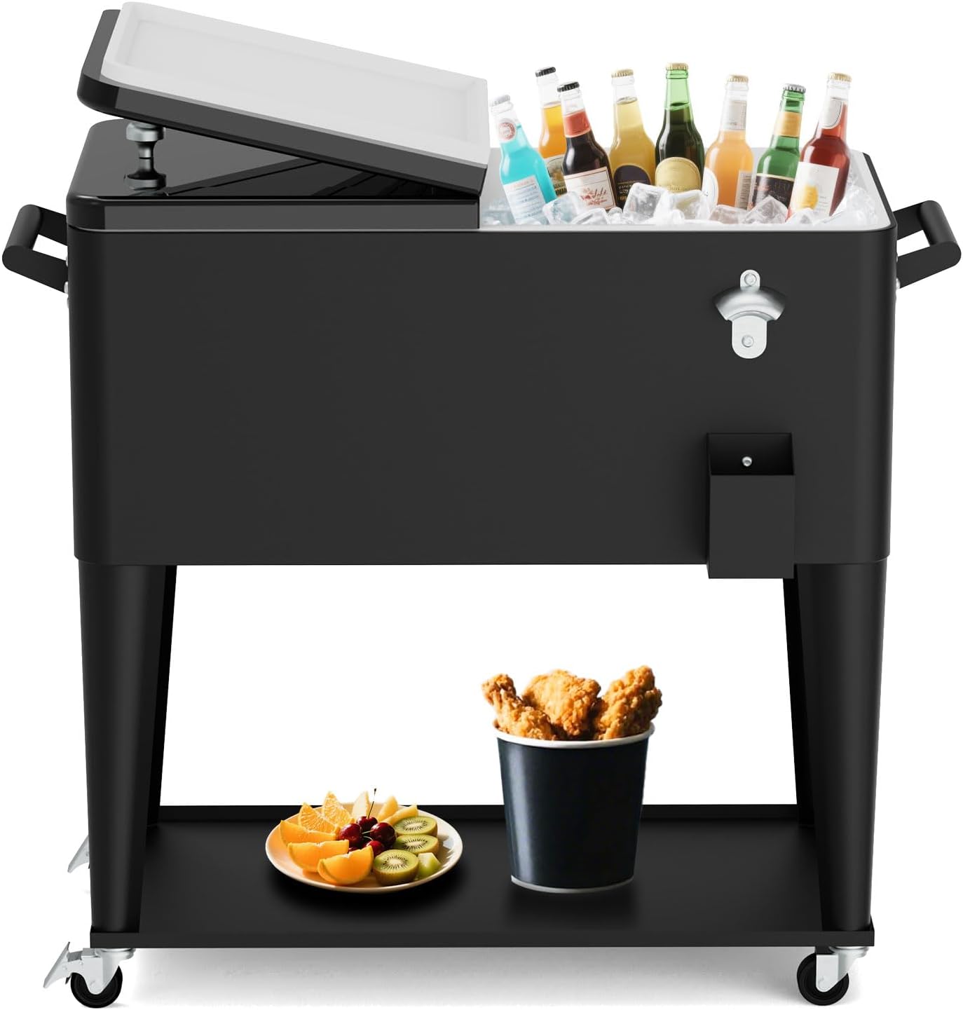 PetGirl 80QT Rolling Cooler Cart on Wheels for Outdoor Patio Party Bar Beverage Ice Chest with Bottle Opener, Drain Plug and Shelf