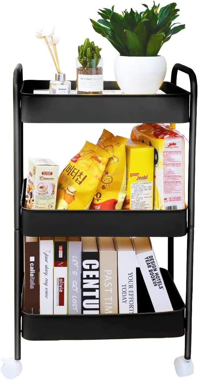 3 Tier Rolling Utility Cart, No Screw Metal Storage Cart, Kitchen Storage Organizer Cart, Easy Assemble Utility Serving Cart with Wheels and Hooks for Office, Kitchen, Bedroom (Black)