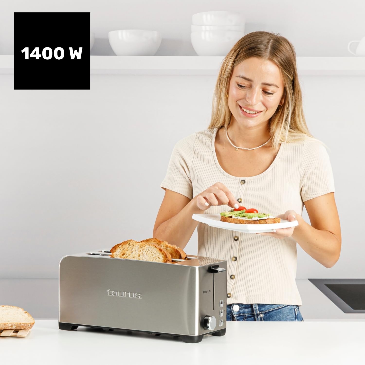 Taurus Mytoast Duplo Legend - Grille-pain 1400W, 2 fentes Extra larges, 3 fonctions, Température ajustable, Ramasse-miettes, Éclairage LED, Inox