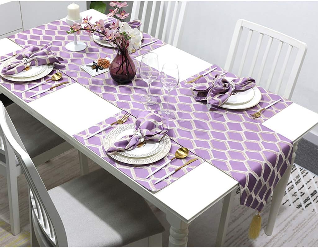 Tassel Table Runner Plaid Jacquard Thick, Modern Purple Table Runner placemats for Coffee Table Shoe Bed Dresser TV Cabinet Dinner Table Decoration-35X228cm