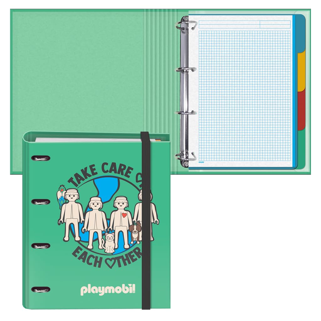 Dohe - Ordner mit 4 Ringen mit Nachfüllung, 100 Blatt, A4, Gummiverschluss, 4 farbige Trennblätter, Dokumententasche, Papier 90 g/m², Kompressor, Schulmaterial - Playmobil Green Future