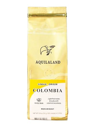 Aquilaland Single Origin Colombia Huila Supremo, 100% Arabica, Medium Roast, 8.8 Ounce Whole Bean Coffee