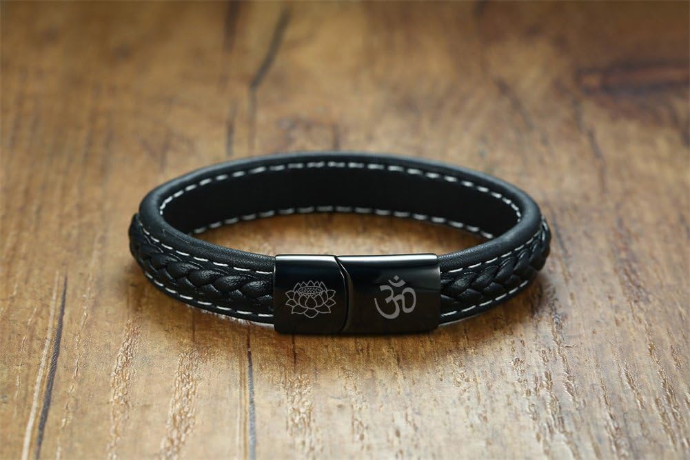 VNOX Hindu Buddhist SymbolLotus Aum OM Black Braided Leather Stainless Steel Cuff Wristband Bracelet