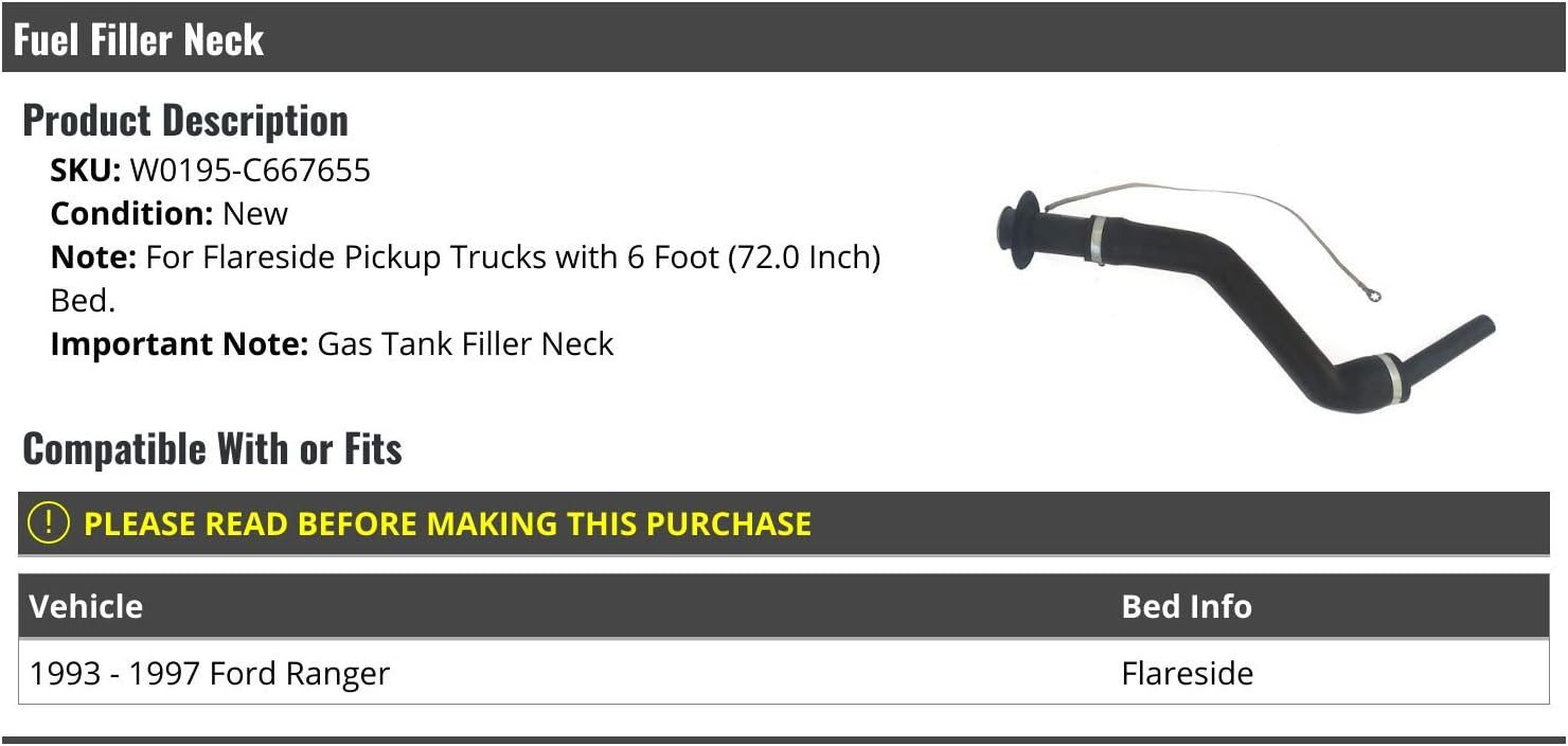 Marketplace Auto Parts Gas Tank Fuel Filler Neck - Compatible with 1993-1997 Ford Ranger (For Flareside Pickup Truck with 6-Foot (72.0 Inch) Bed)