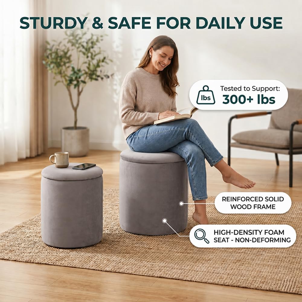 Round Storage Ottoman with Removable Lid, 2-Piece Upholstered Vanity Stool with Hidden Storage Space, Multi-Functional Round Ottoman Bench for Living Room, Bedroom, Entryway (Grey)