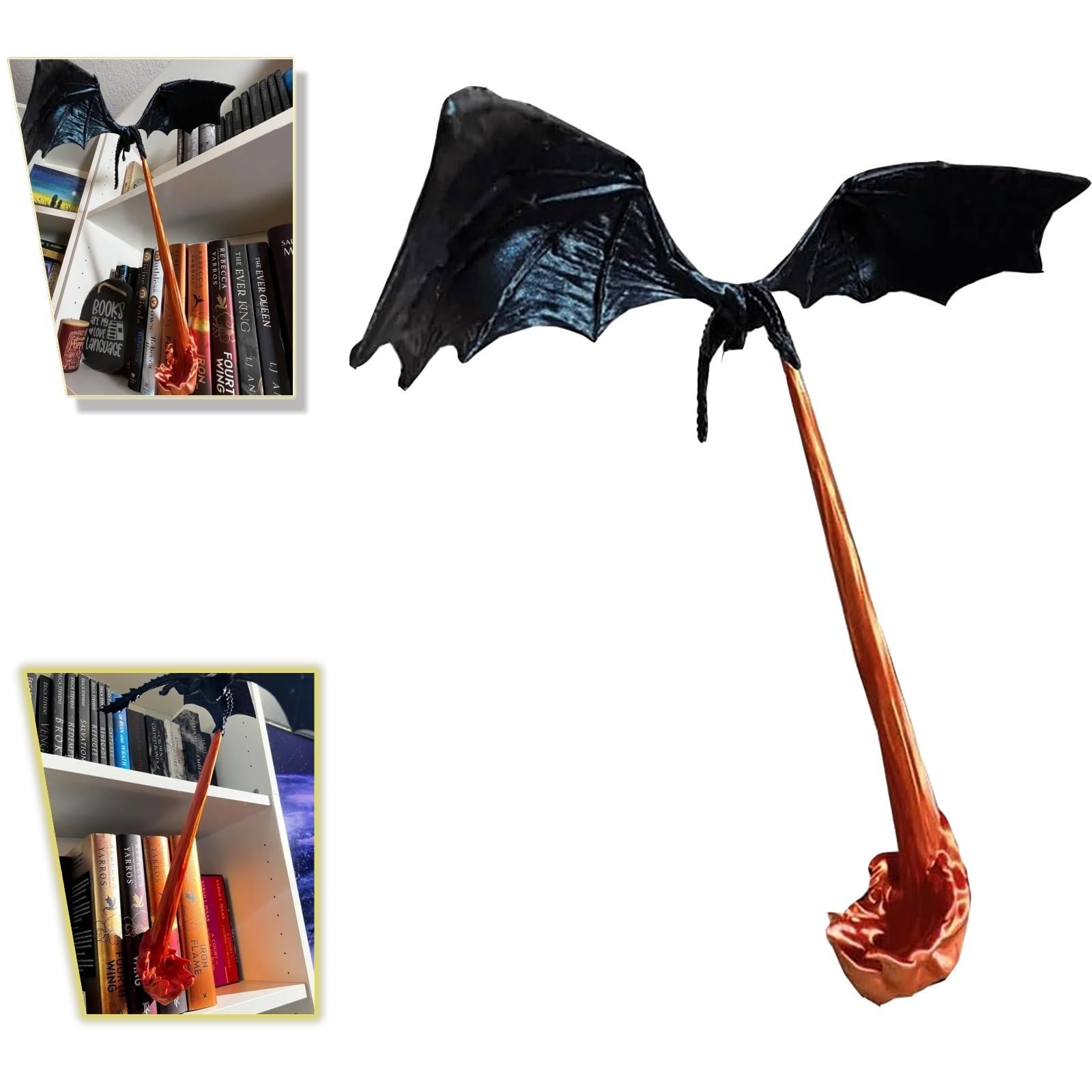 XJBCOD Rincón de libros con forma de dragón, rincón de libros con forma de llama de dragón, sujetalibros con forma de dragón volador en 3D, rincón de libros con forma de dragón que escupe fuego, decor