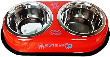 SS Smart Pet House Stainless Steel Double Diner Dog and Cat Food Bowls with Anti Slip Mat (Color Red, 2x900 ml)