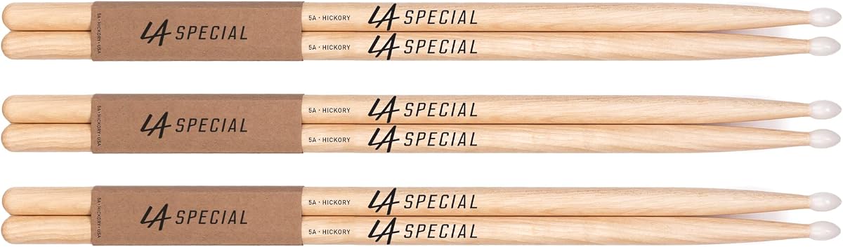 LA Specials Hickory 5A Drum Sticks, Nylon Tip, 3-Pair Pack | LA Specials hickory drumsticks provide balanced feel, consistent weight and pitch, durable performance and reliable control.