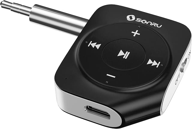 SONRU Aux Bluetooth Receiver, Car Bluetooth Aux Adapter Noise Cancellation Bluetooth 5.0 Receiver for Home Stereo, Hands-Free Calls, Wired Headphones or Speaker, 16-Hour Battery Life, Dual Link