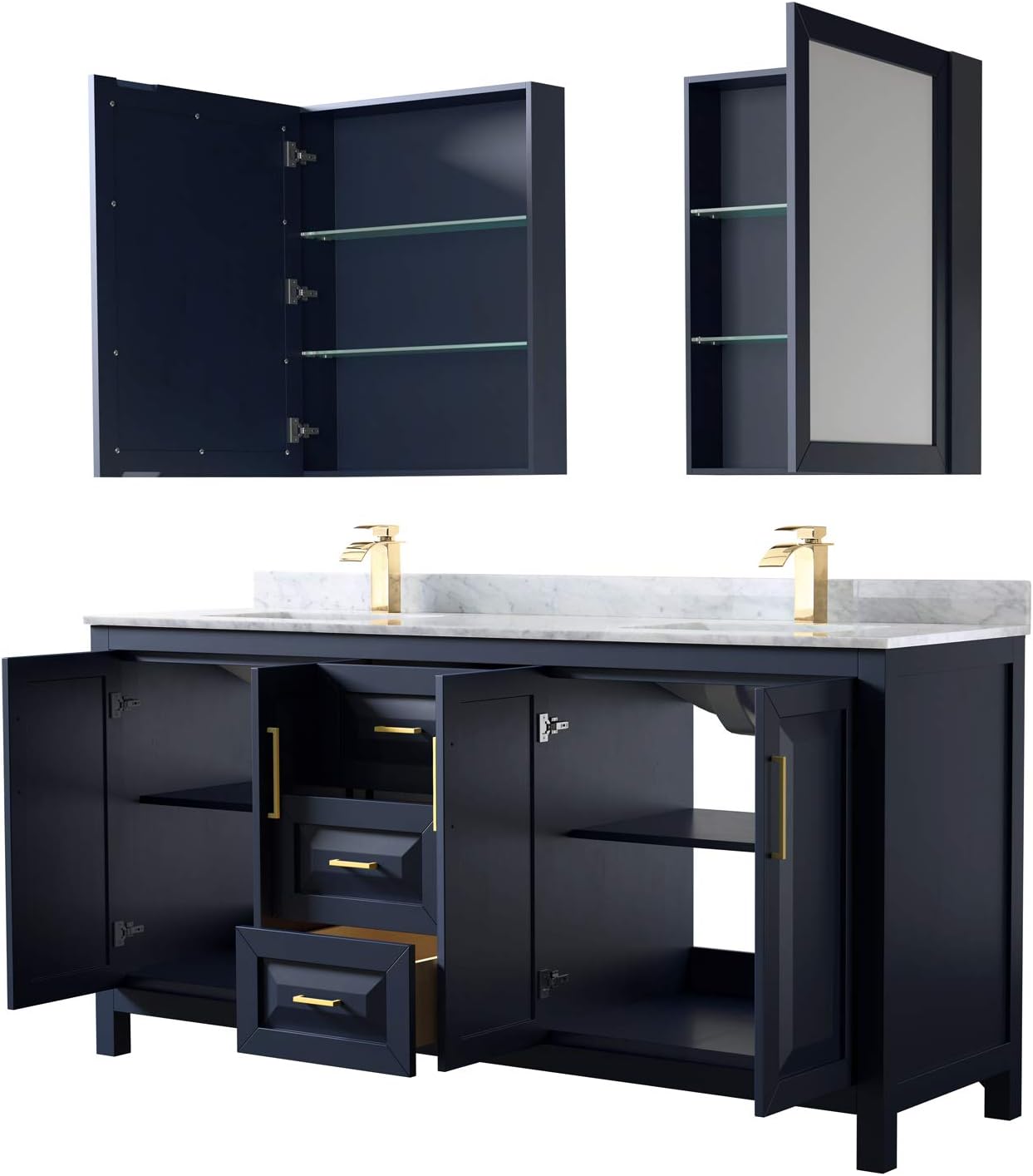 Daria 72 Inch Double Bathroom Vanity in Dark Blue, White Carrara Marble Countertop, Undermount Square Sinks, Medicine Cabinets